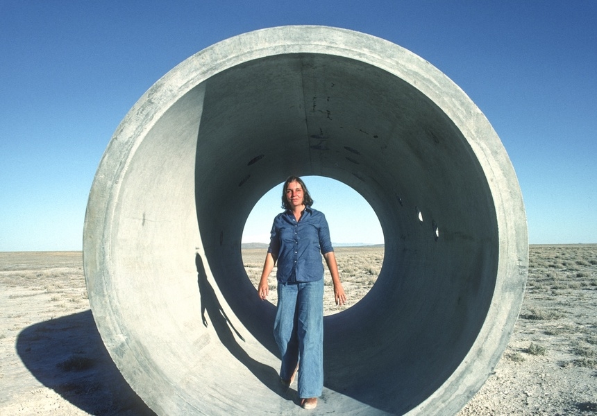 Nancy Holt inside Sun Tunnels, Utah, 1976. Photograph Ardele Lister Artwork. Copyright Holt Smithson Foundation and Dia Art Foundation