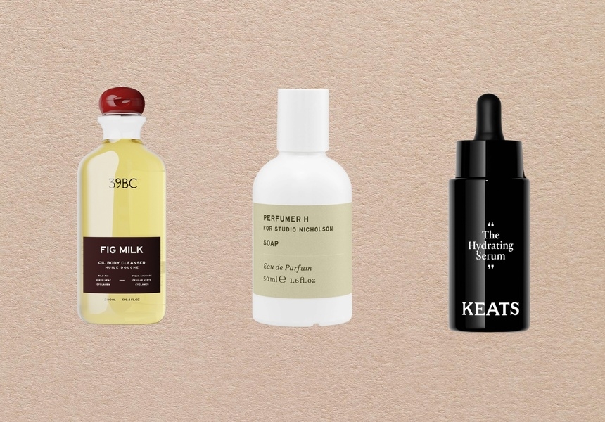 L-R: 39BC fig milk body oil cleanser, Perfumer H x Studio Nicholson soap fragrance, Keats Beauty essentials bundle