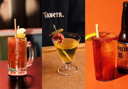 L-R: Caesar Bloody Mary, Pickleback Martini, Michelada
