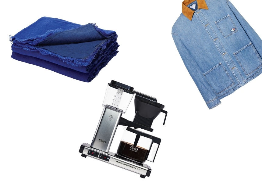 L-R: Maison de Vacances linen throw, Moccamaster coffee machine, Bottega Veneta denim jacket