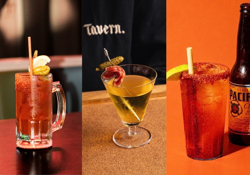 L-R: Caesar Bloody Mary, Pickleback Martini, Michelada