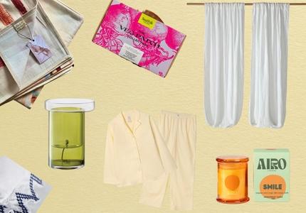 Clockwise from top left: Cotton throw by Chiara Perano, £35, maisonmlondon.com; vegetable patch seed starter kit, £35, seedfolk.co; linen loop-top curtain, £79, and cotton duvet cover, £87.50, secretlinenstore.com; Smile Mini: the Happiness Candle, £26, helloairo.com; long pyjama set, £95, desmondanddempsey.com; self-watering planter, £150, lsa-international.com