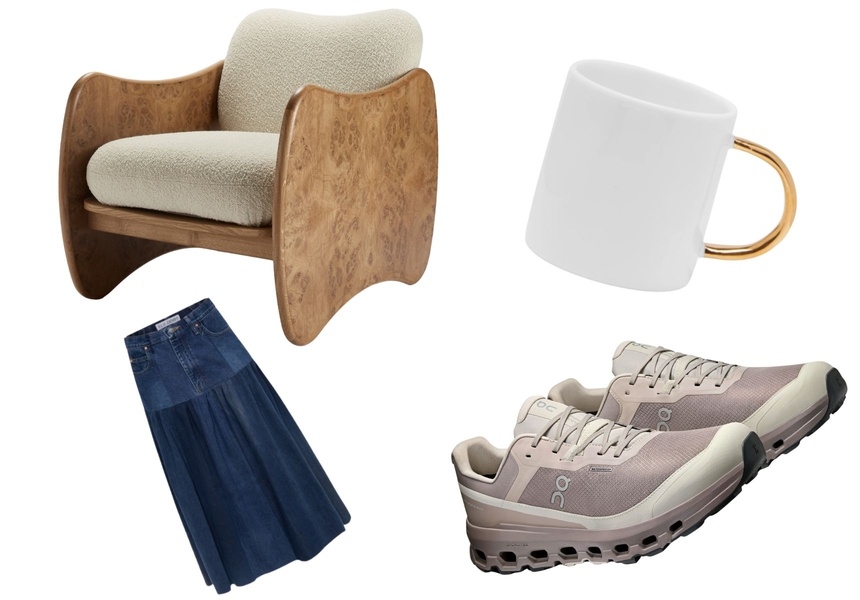 L-R: Sister by Studio Ashby Rhino chair in oak, ELV Denim Harvard denim skirt, On Cloudvista 2, Feldspar handpainted gold and bone china espresso mug.