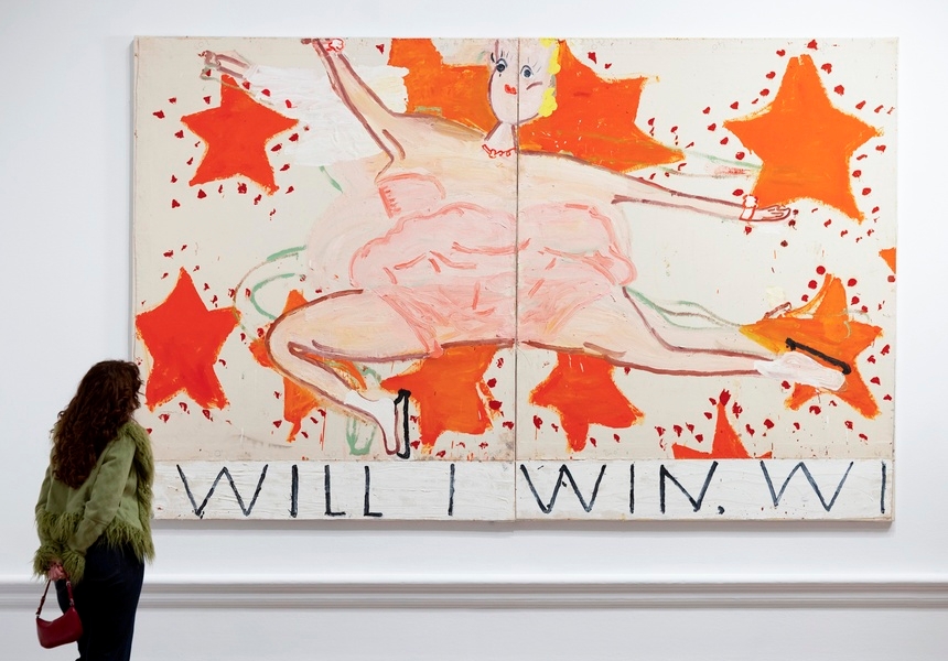 Installation view of the ‘Rose Wylie: the Picture Comes First' exhibition at the Royal Academy of
Arts, London (28 February - 19 April 2026), showing Rose Wylie, Pink Skater (Will I Win, Will I
Win), 2015. Courtesy private collection and JARILAGER Gallery. Photo © Royal Academy of Arts,
London / David Parry. © Rose Wylie