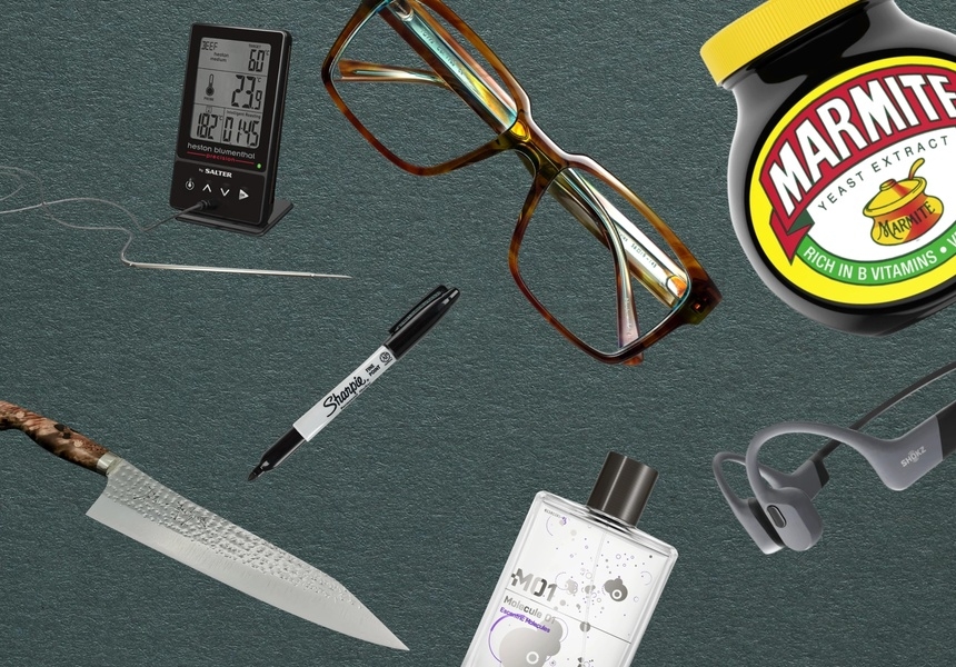 L-R, clockwise from top left: Heston Blumenthal Precision 5-In-1 digital thermometer, Tom Davies glasses, Marmite, Shokz OpenSwim headphones, Escentric Molecules: Molecule #1 aftershave, Sharpie, Yu Kurosaki Senko Gyuto