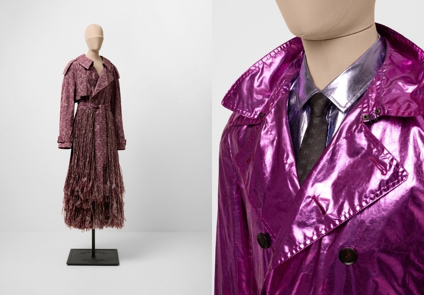 L: Women’s purple baroque-print fringed trench coat (Winter 2025). R: Men’s pink metallic silk trench coat (Spring-Summer 2013).